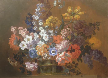 A Still Life of Flowers in a Basket on a Ledge